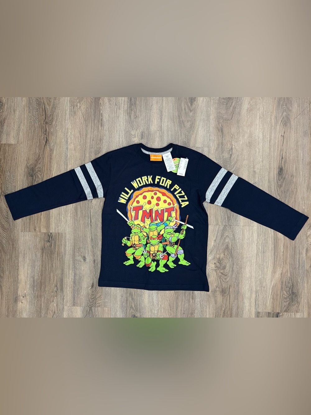 Nickelodeon Navy & Green TMNT "Will Work for Pizza" Long Sleeve Tee